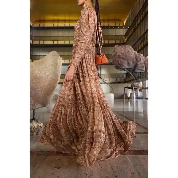 Ulla Johnson Rabia Horizon Brown Printed Silk Blend Maxi Gown Dress Women’s 2 - Picture 6 of 15